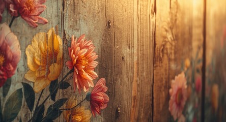 Obraz premium vibrant floral artwork on a weathered wooden panel with textured grain