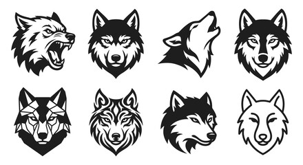 Fototapeta premium Wolf Head Illustrations Collection Black And White Vector Graphics
