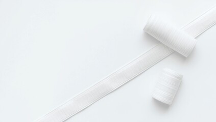 Obraz premium White medical bandages wound up and lying on white flat surface with copy space