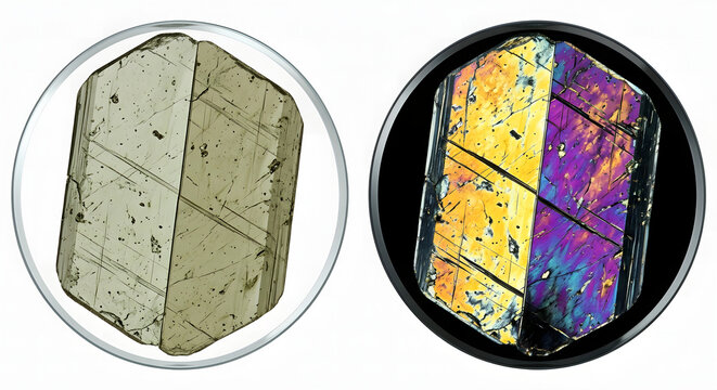 Hyper-Realistic 3D Render of Augite Simple Twinning in PPL and XPL, Suitable for Science Education, Isolated on White Background