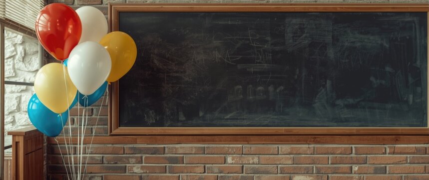 Festive balloon grouping near blackboard offering clear message area for Teacher Event