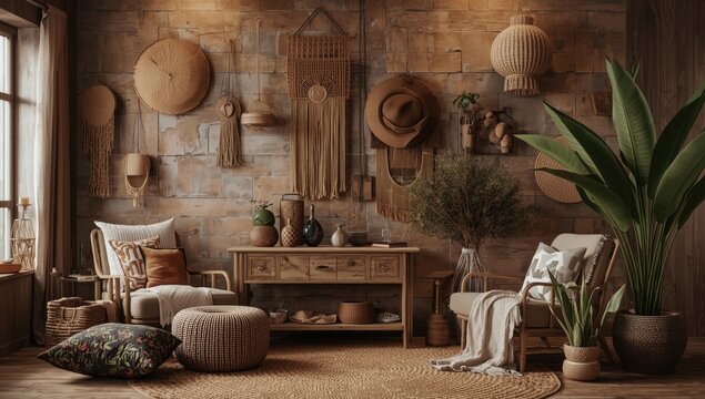 Interior wall mockup showcasing bohemian nomadic style with rustic elements