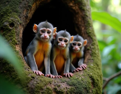 Three curious baby monkeys with big eyes peek from hollow tree trunk. Small primates with grey fur and orange bellies sit on mossy branch. Wildlife creatures in natural habitat look at camera.