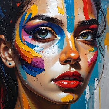 Portrait of woman with colorful paint strokes on her face
