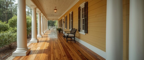 Naklejka premium Traditional yellow house with decorative columns, varied hardwood flooring tints, and a bench by the entry