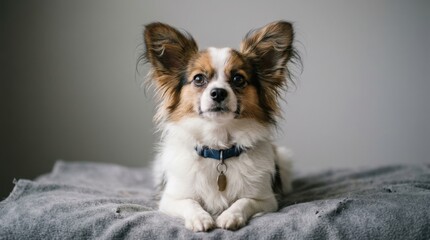 Obraz na płótnie Canvas Portrait of a Cute Papillon Dog Wearing a Collar and Lying on a Blanket