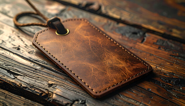 Rustic brown leather luggage tag with metal grommet and braided cord resting on weathered wooden surface, emphasizing vintage style and natural materials