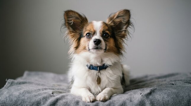Portrait of a Cute Papillon Dog Wearing a Collar and Lying on a Blanket