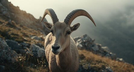 Obraz premium Close up of a chamois head in rugged mountain terrain