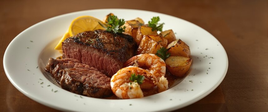 Tender steak Oscar paired with jumbo prawns and crispy roasted potatoes plus copy space for text placement