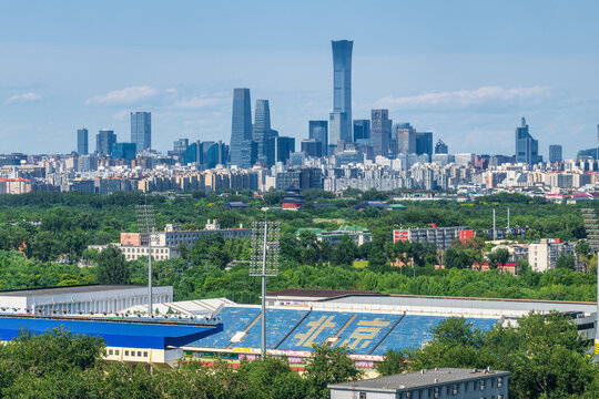 The Symphony of Eras: Beijing City Skyline Featuring Temple of Heaven, China Zun, and Xiannongtan Stadium