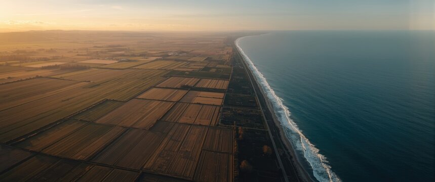 High altitude image of cultivated fields meeting coastal waterline