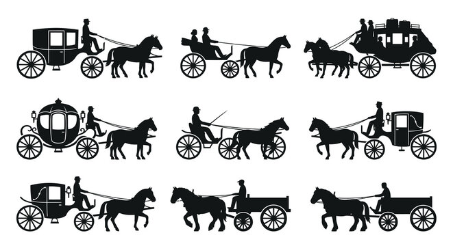 Horse drawn carriages silhouette collection on a white background