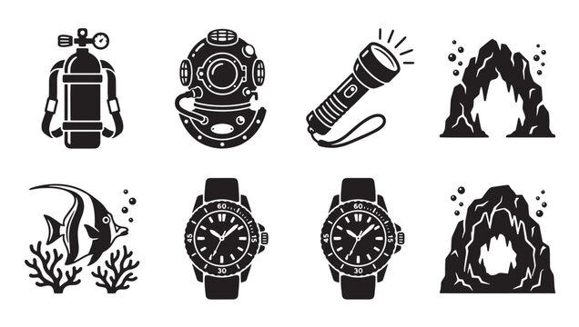 Scuba diving and underwater exploration vector icon set with underwater exploration flashlight adventure equipment activities vacation navigation pressure illustration discovery activity