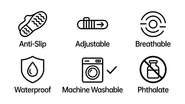 The sole, slider, and washing machine icon represent anti slip, adjustable, breathable, waterproof, and machine washable, suitable for footwear and home textile products.
