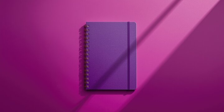 Purple notebook with spiral binding seen from above against magenta copy space