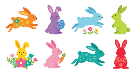 Colorful Rabbits And Floral Elements Vector Illustration © Tanmoy