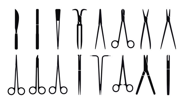 Set of 16 Black Surgical Instrument Icons Vector