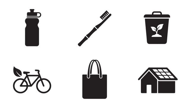 Set of eco-friendly lifestyle and sustainable living icons with plastic free sustainable lifestyle environment toothbrush conservation reusable transport collection isolated