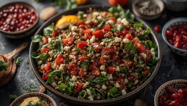 Traditional Lebanese salad platter of tabbouleh and fattoush with tangy pomegranate molasses dressing ideal for Ramadan iftar with copy space