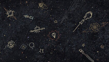 Obraz premium Line drawing of an expansive outer space filled with unique celestial bodies and meteors
