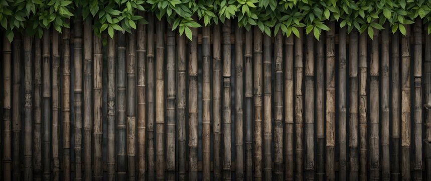 Organic bamboo fence backdrop with overhead greenery offering textured surface and copy space
