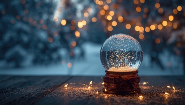 Snow globe casting sparkling holiday light reflections in a peaceful winter setting