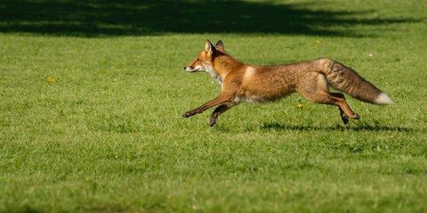 Naklejka premium Lively pet fox leaping over a smooth green grass lawn on a bright summer afternoon