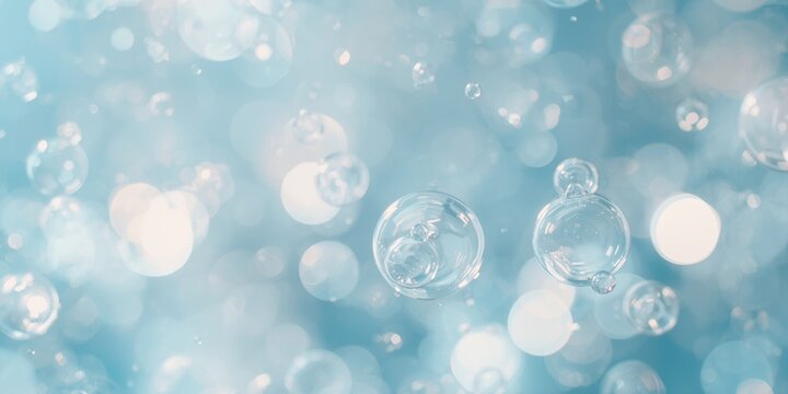 Magnified perspective of hovering pale blue and white bubbles with defocused light spots evoking revitalizing freshness and vigor