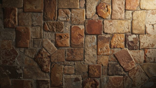 Rustic vintage patchwork tiles displayed on textured stone and concrete backdrop