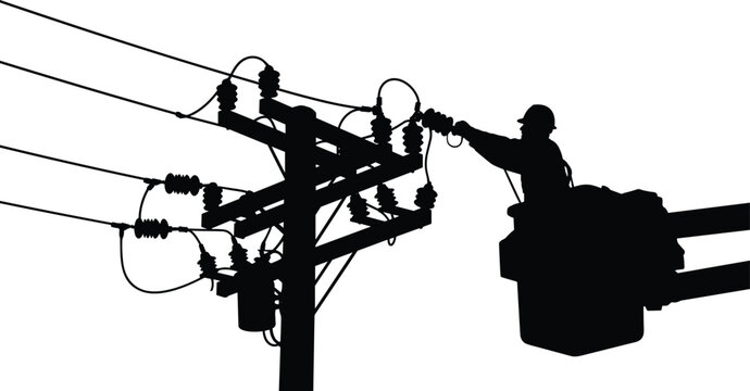 Silhouette of lineman in bucket truck working on power lines against white background electricity utility worker