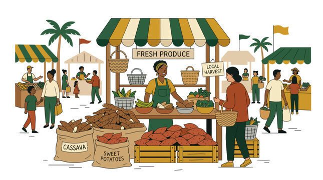 Diverse people shopping at a vibrant outdoor farmer's market with fresh produce stalls.
