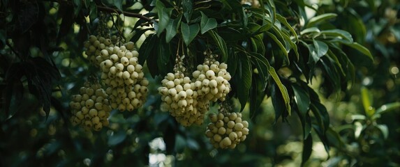 Obraz premium Organic Syzygium cumini clusters hanging from lush tree foliage