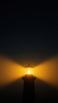 Silhouette of lighthouse emitting bright warm yellow light beams into dark foggy night sky symbolizing guidance direction and hope in deep darkness