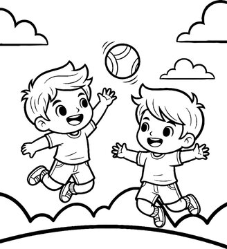 Two Happy Children Playing with a Bouncing Ball Outdoors.
