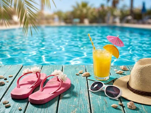 Relaxing summer poolside scene with refreshing orange juice and flipflops