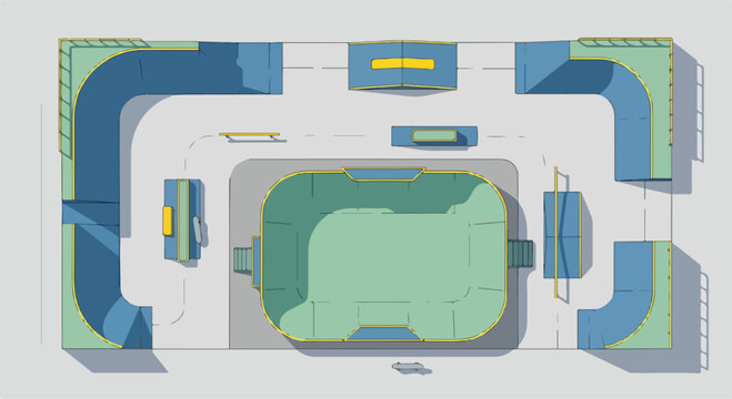 A top-down view of a futuristic room with various blue and green sections