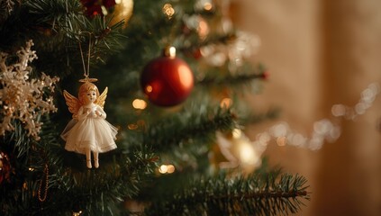 Obraz premium Ornate angel toy hanging on a celebratory Christmas tree
