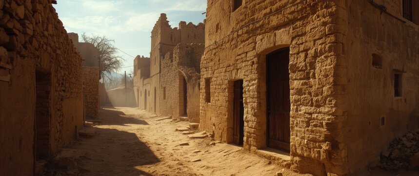 Quiet old town street with sunlit dusty paths and mud brick buildings in a historical medieval style