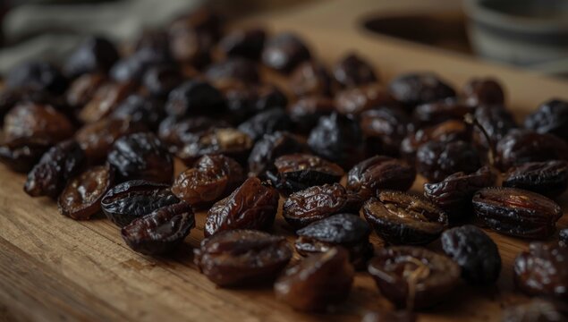 Sweet pitted prunes laid out for drying on kitchen wood slab