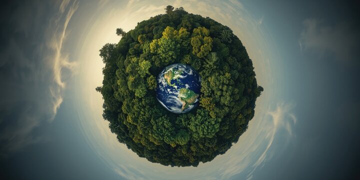 Top perspective showing lush forest enveloping the globe urging environmental action