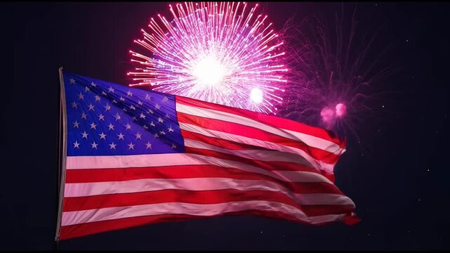 American Flag Waving Against Night Sky with Sparkling Fireworks Display for Celebration