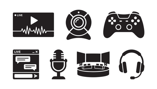 Streaming media and content creation vector icon set with streaming controller microphone broadcast technology interface communication platform software internet recording equipment