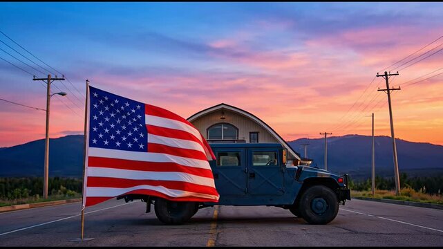 American Flag Waving Beside Military Vehicle on Road with Sunset Sky and Mountains in Background