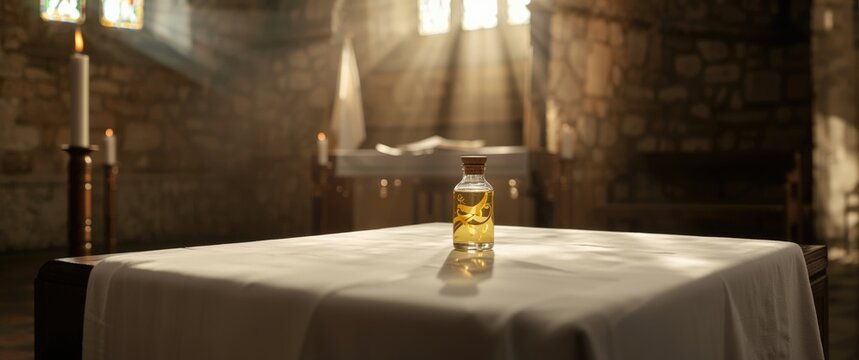 Holy baptism celebration featuring vial of sacred anointing oil