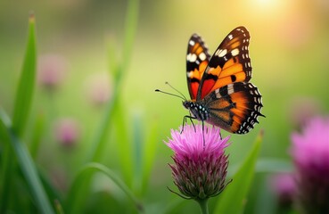 Fototapeta premium Orange butterfly rests on pink thistle flower in soft sunlit meadow. Insect with detailed wings sips nectar. Nature scene features vibrant colors green blurred background.