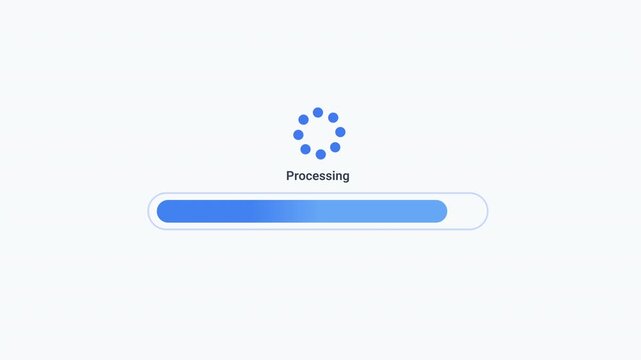 Animated progress bar with processing status indicator and spinner icon on a clean interface. Ideal for data processing, software operations, workflow automation, system tasks, and technology concepts