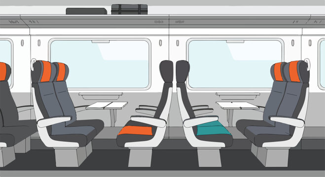 A train interior with gray and orange seats