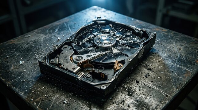 Broken and smashed computer hard drive on a dark industrial metal table