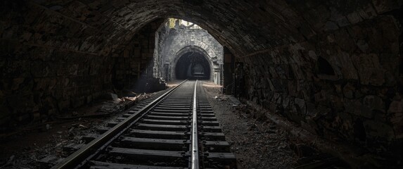 Fototapeta premium Rusty trolley tracks leading through a dark tunnel in an old abandoned mine